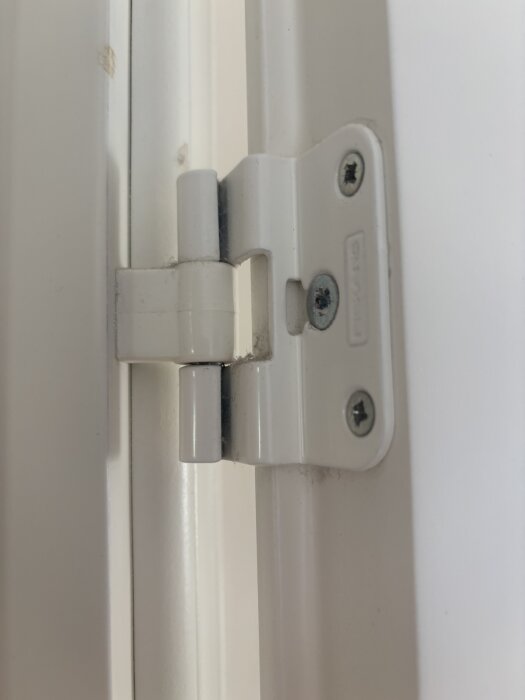 Närbild av en vit dörrgångjärn med två skruvar synliga.