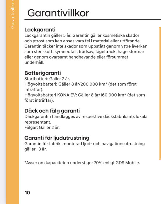 Garantiinformation för en Hyundai med detaljer om lack, batteri, däck, fälg och ljudutrustning. Specificerar varaktighet och villkor.
