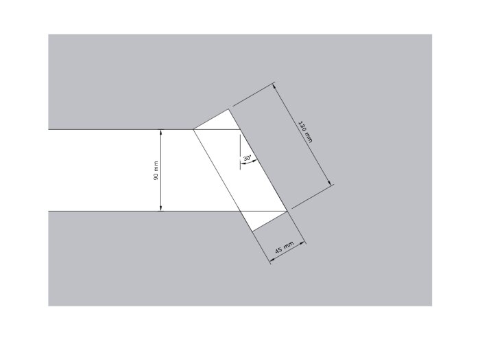 Ritning visar vinkel och mått på en planka: 130mm bredd, 90mm höjd, 45mm djup och en 30° vinkel, för att linjera mot syllplanka.