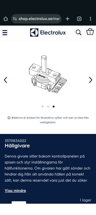 Illustration av en hällgivare från Electrolux, använd för att styra inställningar i kontrollpanelen på spisar. Artikelnummer 3570834022.