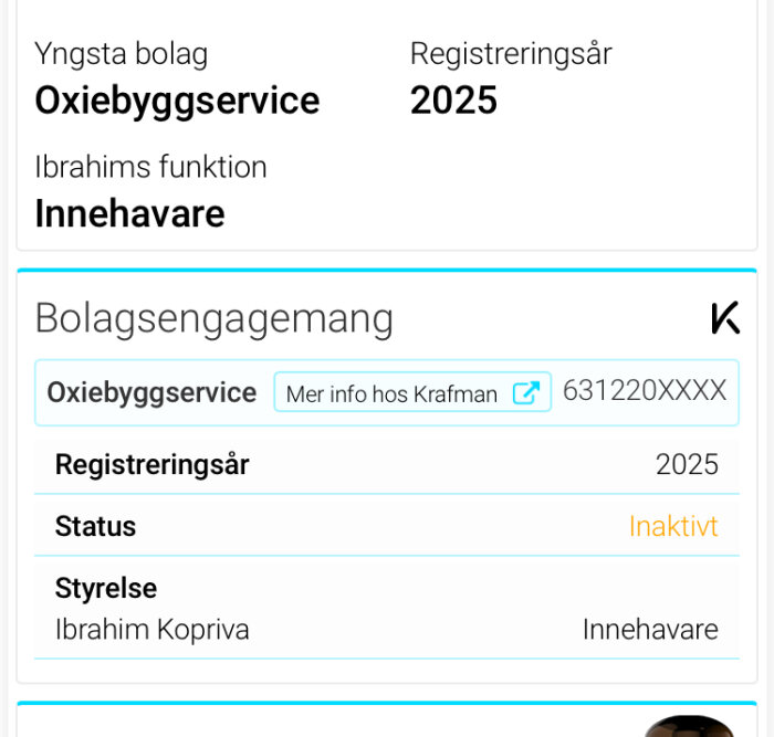 Oxiebyggservice uppgifter visar registreringsår 2025, status inaktiv. Ibrahim Kopriva anges som innehavare enligt bilden.