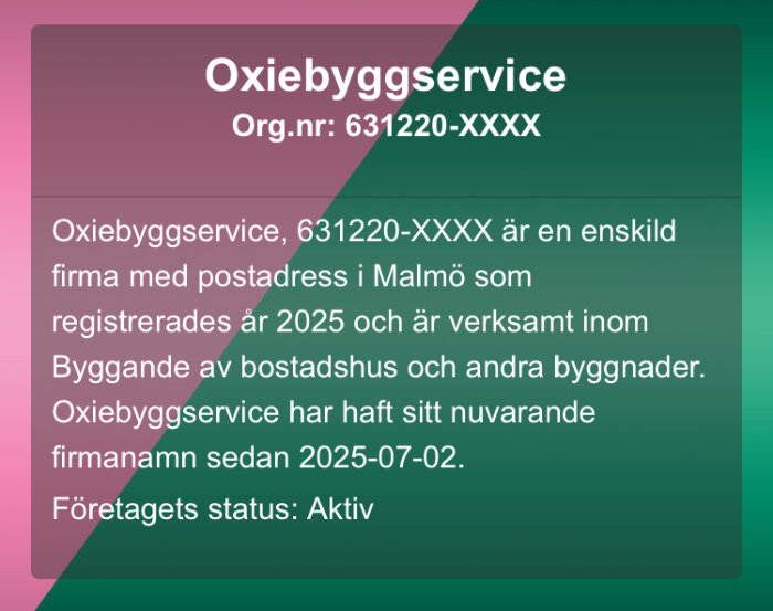 ”Presentation av Oxiebyggservice med org.nr 631220-XXXX, registrerad 2025 i Malmö, aktiv inom byggande av bostadshus och andra byggnader.”