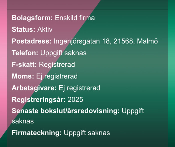 Företagsinformation om Oxiebyggservice: enskild firma, aktiv status, registreringsår 2025, ej registrerad för moms, adress på Ingenjörsgatan i Malmö.