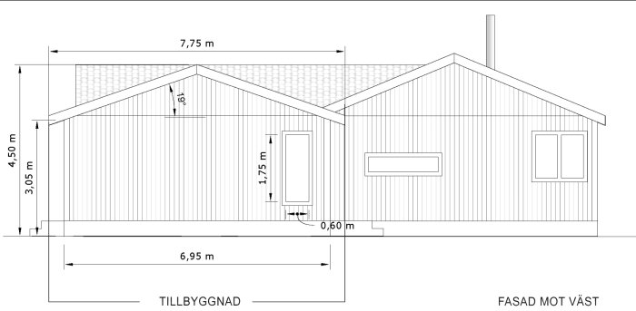 Planritning av husfasad mot väst med takvinkel på 16 grader, visar mått på planerad tillbyggnad och existerande struktur.