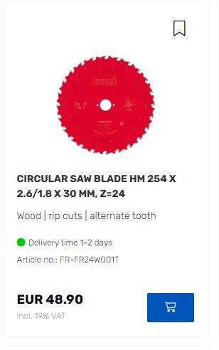 Cirkelsågklinga Freud HM 254 x 2.6/1.8 x 30 mm, 24 tänder, pris 48.90 EUR inkl. moms.