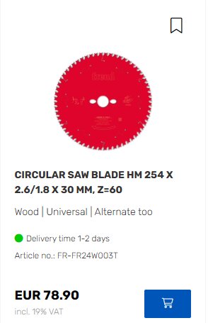 Röd cirkelsågklinga från Freud på Sautershop.de för träbearbetning, specificerad med mått 254 X 2.6/1.8 X 30 MM, Z=60, pris 78.90 EUR.