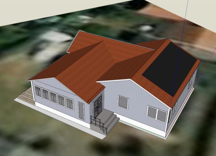 3D-modell av ett hus sett ovanifrån med rött tak och ljusgrå fasad.