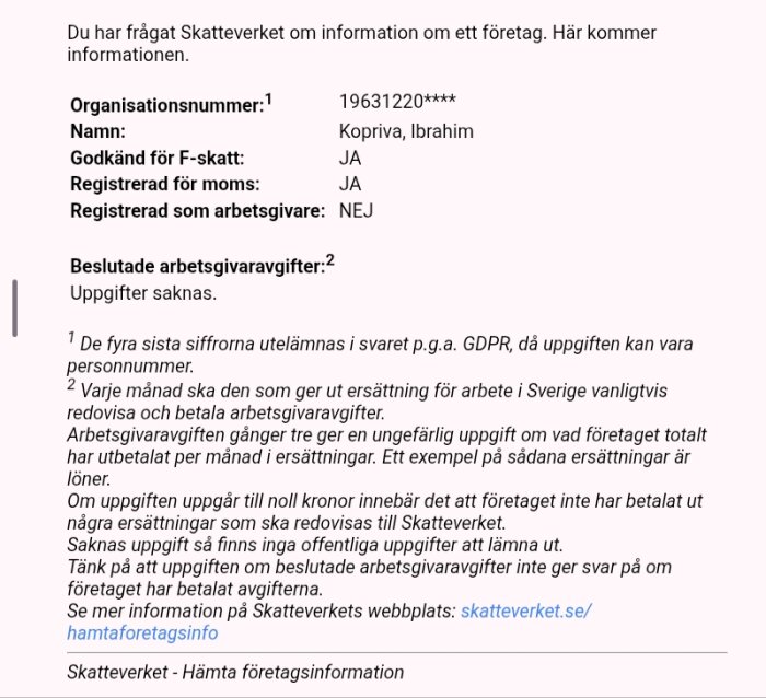 Beskärning av dokument från Skatteverket med företagsdetaljer, inklusive namn och organisationsnummer.