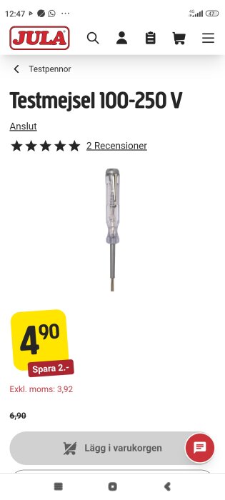 Testmejsel 100-250 V från Jula med pris 4,90 kr och betyg på 5 stjärnor visas på en vit bakgrund.