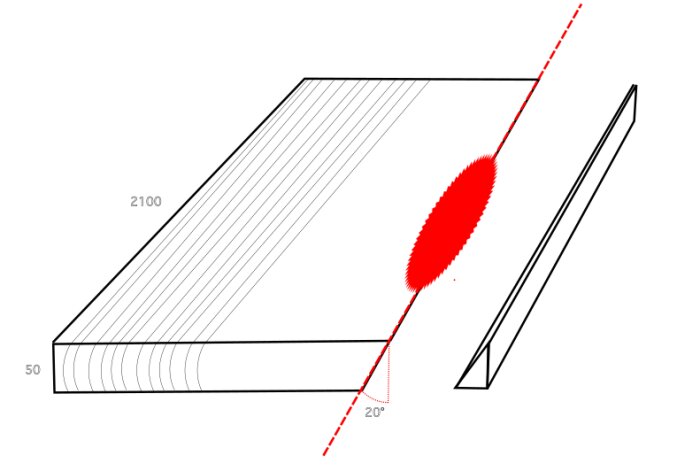 Hyvlad askplanka 2100 mm lång, 50 mm tjock, visas med 20° snedskärning markerad med röd linje, för framtida matbordsprojekt.