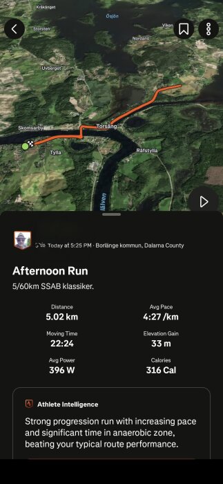 Satellitbild visar en löprunda i Torsång, Borlänge kommun. Rundan är 5,02 km lång med statistik: tid 22:24, medelfart 4:27/km, höjdmeter 33 m.