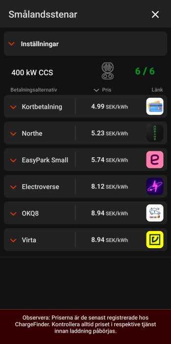 ChargeFinder-skärm med priser för olika betalmetoder vid Smålandsstenar-laddstation, visar att kortbetalning ger lägsta priset 4.99 SEK/kWh.