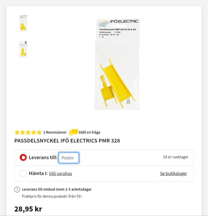 Produktbild av en gul passdelsnyckel från Ifö Electric PMR 328, med pris och leveransinformation från Bauhaus.