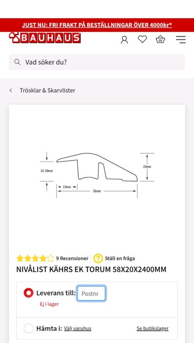 Diagram av en nivålist Kährs ek Torum, med mått: 58x20x2400mm, visar olika höjder och vinklar för användning mellan golv av olika nivåer.