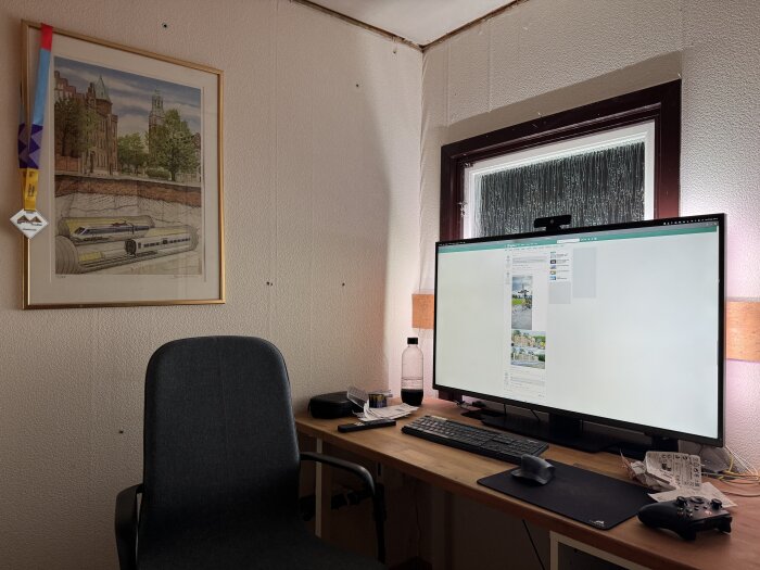 Arbetsplats med bred skärm, tangentbord och mus på skrivbord. En tavla och medalj visas på väggen. Fönster och kontorsstol i rummet.