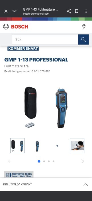 Bosch GMP 1-13 professionell fuktmätare med svart fodral och batterier, visas på en produktwebbplats.