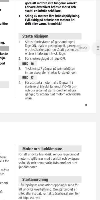Bruksanvisning för röjsåg med instruktioner om start, användning och underhåll för att undvika brandrisk och säkerställa korrekt funktion.