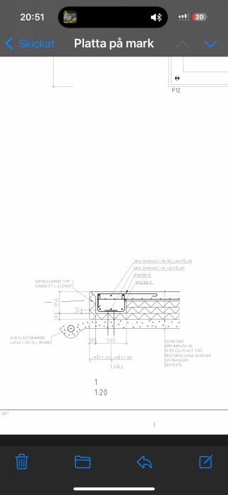 Ritning av kantbalk och pålad platta med måttangivelser och materialdetaljer.