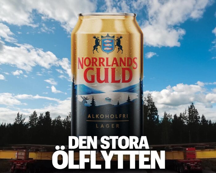 Burk med Norrlands Guld alkoholfria öl mot en dramatisk himmel och skog i bakgrunden. Texten "Den stora ölflytten" står överst.