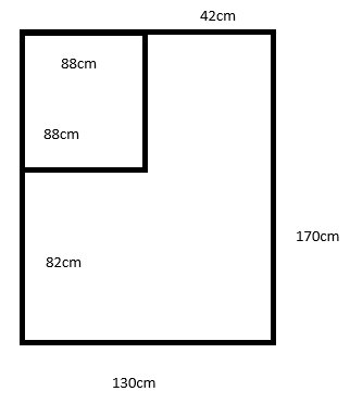 Rektangel med två sektioner markerade, 170x130 cm, med mindre rektangel 88x88 cm, återstående del är 82x130 cm, mått angivna i cm.