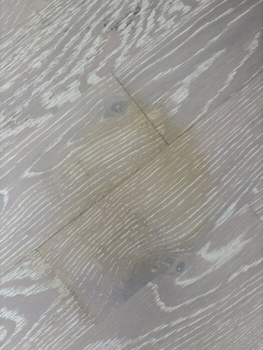 Vit ekparkettgolv med matt lack som visar gulaktiga vattenfläckar och små springor mellan plankorna efter vattenskada.
