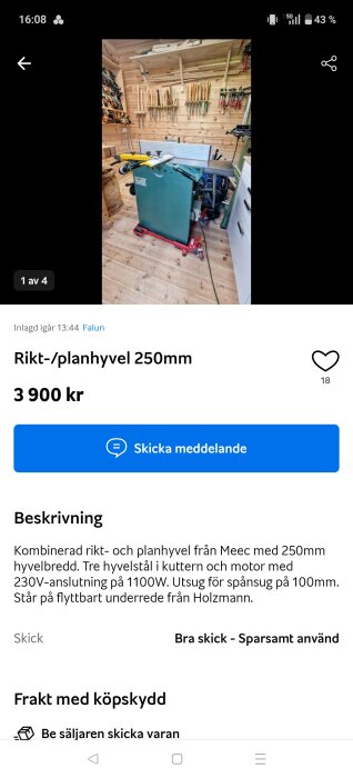 Verktygsrum med rikt- och planhyvel från Meec, omgiven av verktyg på hyllor och väggar. Hyveln står på ett rött flyttbart underrede.