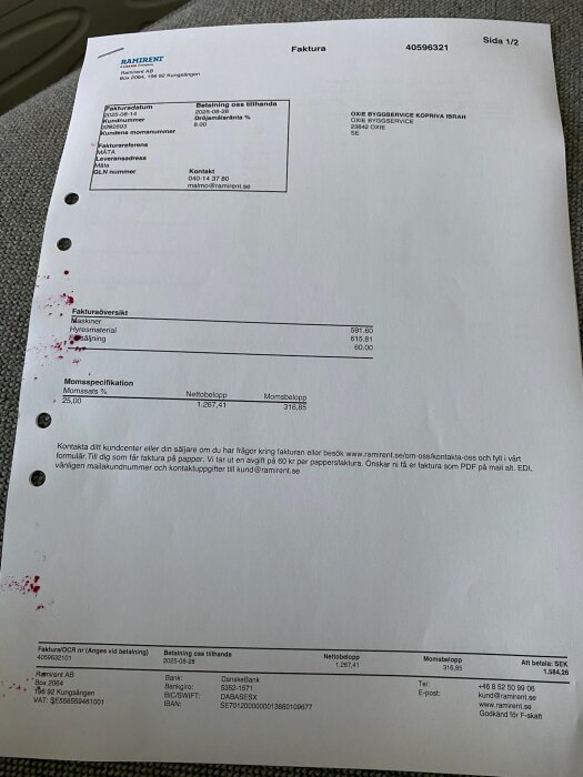 Faktura från Ramirent AB med kostnadsdetaljer för maskinhyra, hyresmaterial och försäljning, adresserad till Oxie Byggservice Kopriva Ibrahim.