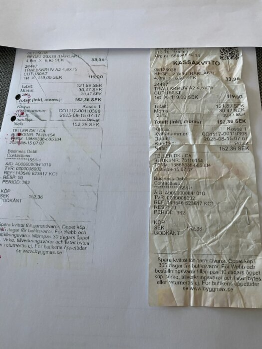 Två kvitton från Byggmax, med detaljer om köp av regel och trallskruv, totalbelopp 152,36 SEK, ink. moms 30,47 SEK.