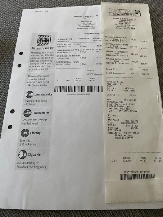 Kvitton från Hornbach med detaljerade artiklar och priser för byggmaterial samt en utskrift med kontaktinformation och logga för Företagsservice.