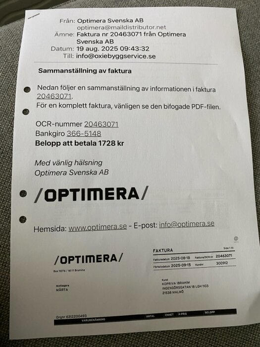 Faktura från Optimera Svenska AB till Kopriva Ibrahim med belopp 1728 kr och fakturanummer 20463071.