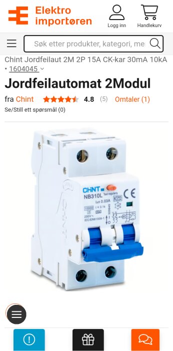 Jordfelsbrytare Chint NB310L 2-modul visas på skärmen med specifikationer och betyg från en produktwebbplats.