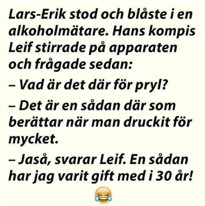 Bild med en skämttext om Lars-Erik och en alkoholmätare. Leif skämtar om att ha varit gift med en som berättar när man druckit för mycket.