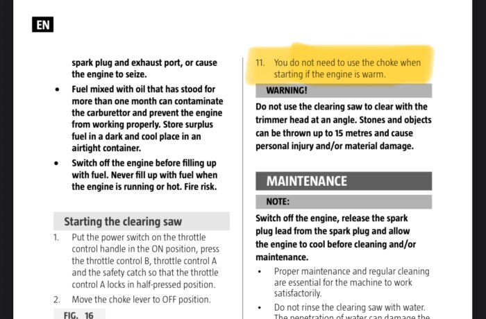 Engelsk manuelsida med text om motorunderhåll och varningar, text om att inte behöva använda choke när motorn är varm, gulmarkerad.
