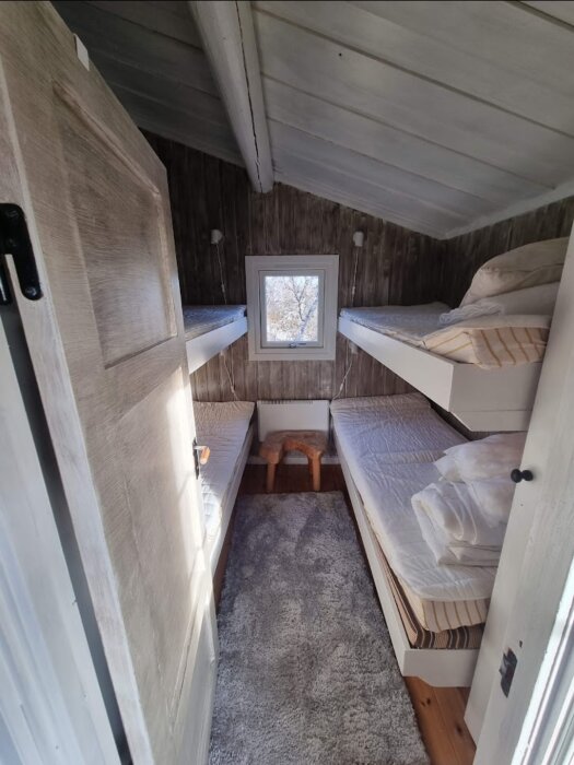 Litet sovrum med två våningssängar, en fönsterutsikt och en mjuk matta. Rummet är i ett fjällstuga med trätak och väggar.