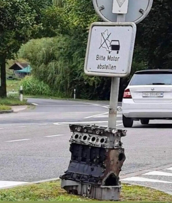 Bilmotor placerad nedanför en trafikskylt som säger "Bitte Motor abstellen" vid vägkant, med en bil i bakgrunden.