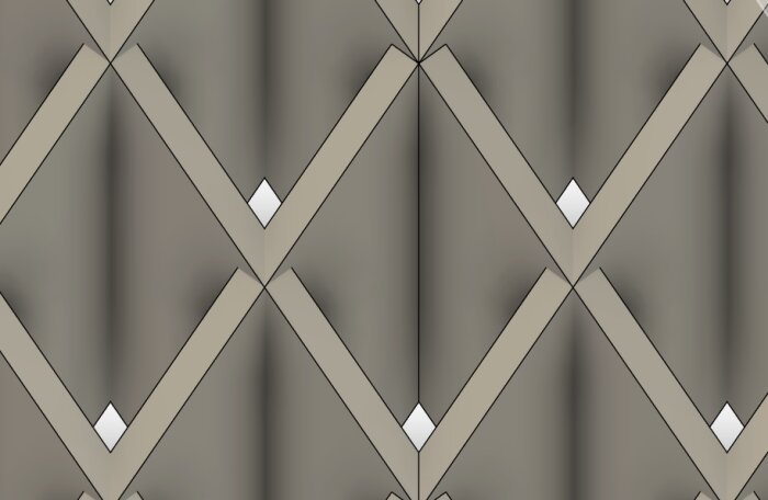 3D-modell av ett tvärgående mönster med spetsiga tegelblock i ett diamantrutat arrangemang, sett från ovan i grå och beige färgton.