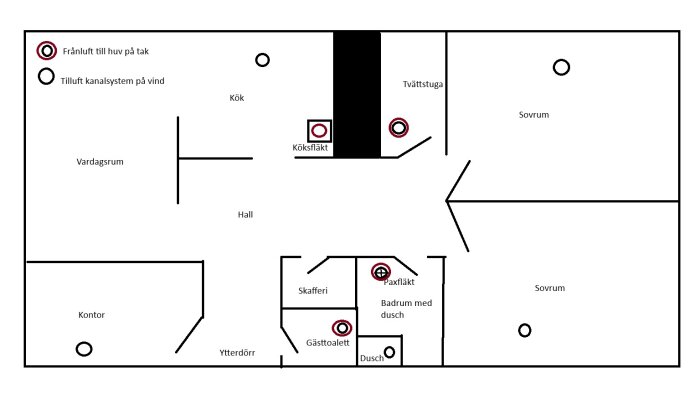 Planritning över husets ventilationssystem med markerade frånluft- och tilluftspunkter i olika rum inklusive kök, badrum och sovrum.
