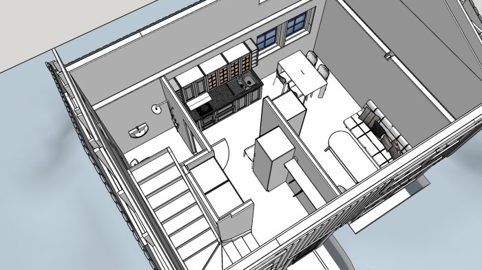 3D-plan av en kompakt attefallshusinteriör med kök, vardagsrum och matplats.