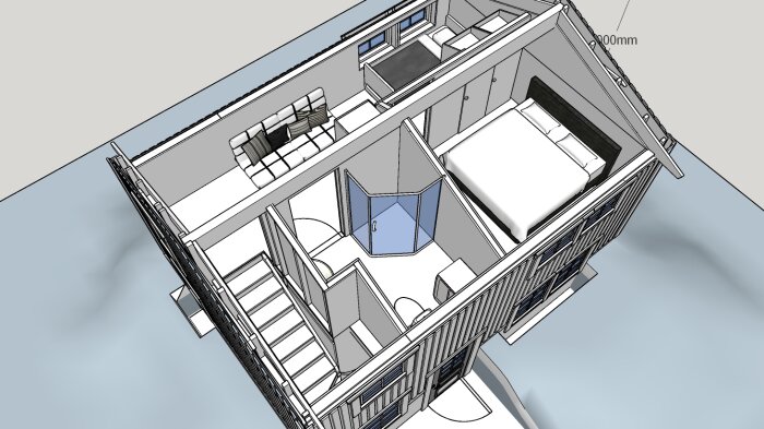 3D-modell av en attefallshusinteriör med kök, badrum, sovrum och vardagsrum i ett kompakt utrymme.