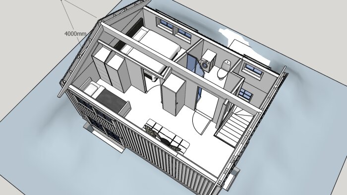 Översiktsbild av en detaljerad attefallshus-design med sovrum, kök, badrum och möblerad våning med ritade innerväggar och mått.
