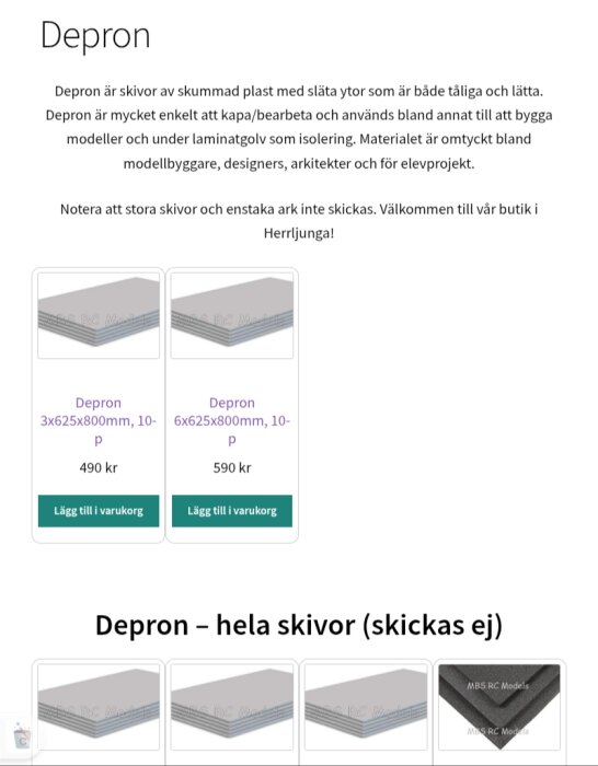 Depron-skivor i olika storlekar som visas för köp på hemsidan MBS RC Models.