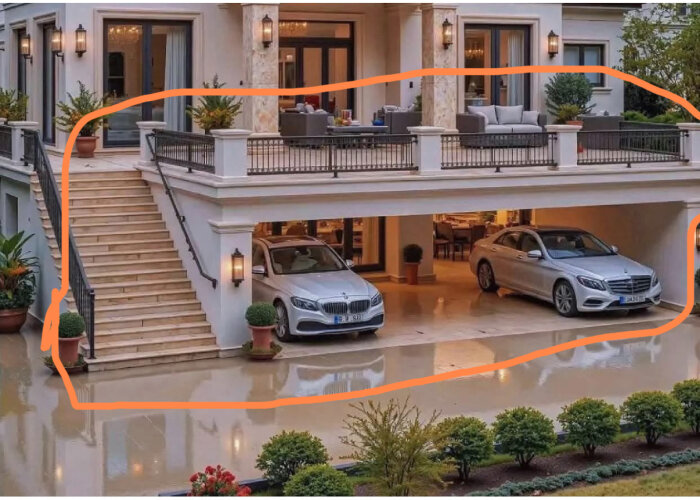 Bild av en elegant uteplats altan med möbler på taket av en garageinfart som rymmer bilar, omgiven av grönska.