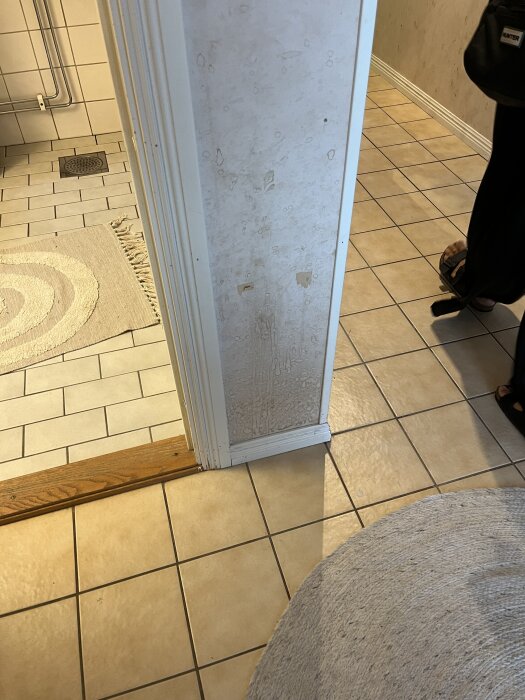 Vägg med fläckar och fuktskador i ett kök bredvid en hall, golv med beige kakelplattor och en vit matta.