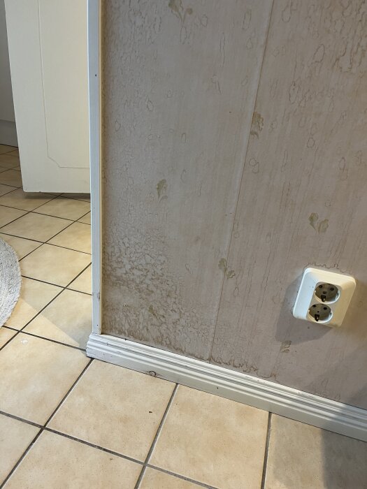 Vägg i kök med fuktfläckar nära ett dubbeluttag; misstänkt fuktskada.