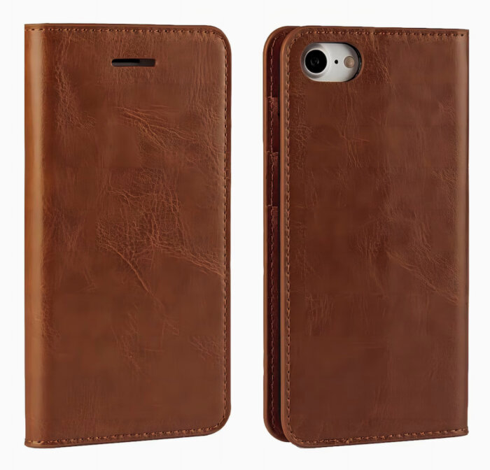 Brun plånboksfodral för mobiltelefon med plats för kort och kontanter.