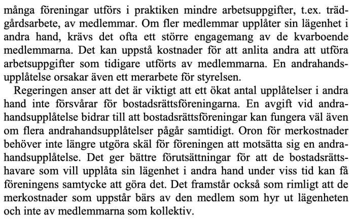 Textutdrag om föreningsarbete och andrahandsupplåtelse i bostadsrättsföreningar.