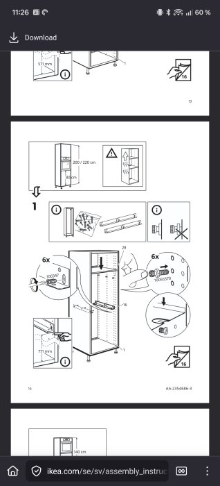 Montering av IKEA BRÄNDBO varmluftsugn med mätningar, skruvar och hyllplan markerade. Varning för värme bakom skåpet.