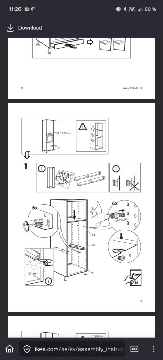 Monteringsanvisning för IKEA-ugn med mått och instruktioner för skruvmontering av hyllor i ett skåp. Varningssymbol för värme.