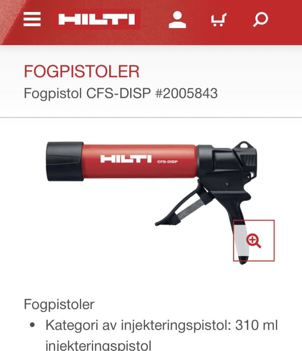 Fogpistol från Hilti modell CFS-DISP #2005843, röd med svart handtag och text, visas på en produktbild.