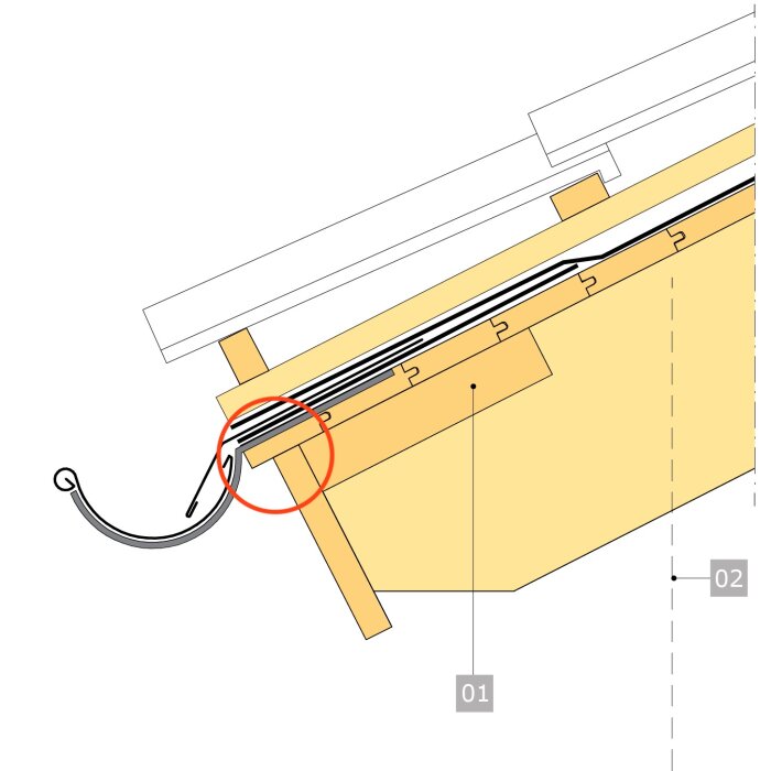 Illustration av takfot med råspontsbräda och takfotsbräda i genomskärning, cirkel markerar kritisk punkt, takrännan synlig.